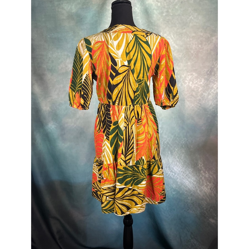 Mlle Gabrielle Womens Mustard Tropical Leaf Print Cotton V-Neck Midi Dress Large - Picture 4 of 7
